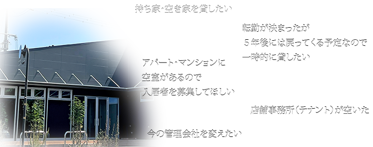 こんなときはご相談下さい。・持ち家・空き家を貸したい・転勤が決まったが５年後には戻ってくる予定なので一時的に貸したい・アパート・マンションに空室があるので入居者を募集してほしい・店舗事務所（テナント）が空いた・今の管理会社を変えたい